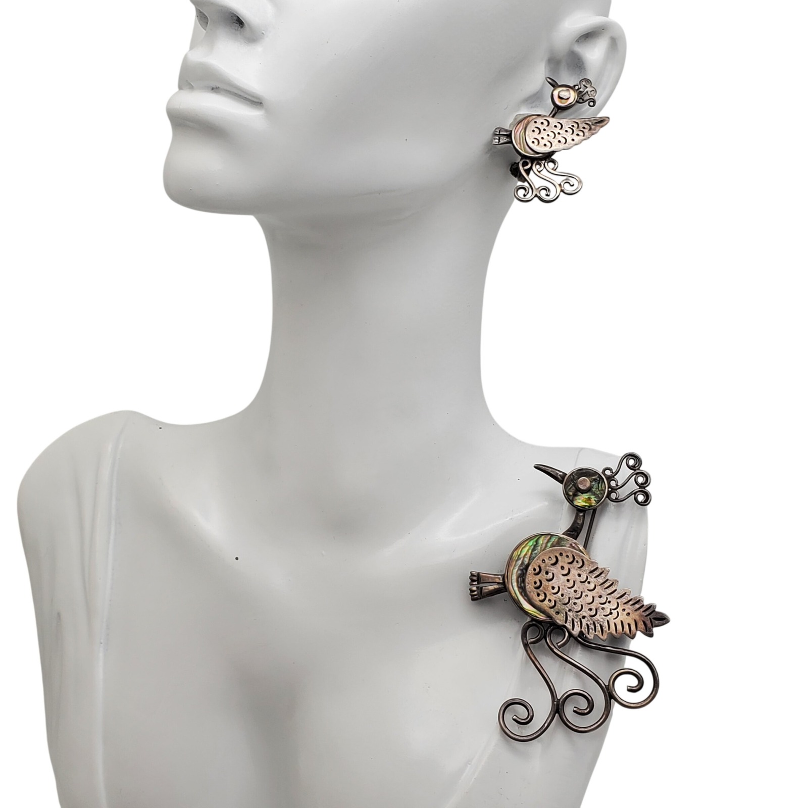 R Garcia Taxco Large Peacock Brooch Earrings Sterling Silver Abalone Vtg Mexico